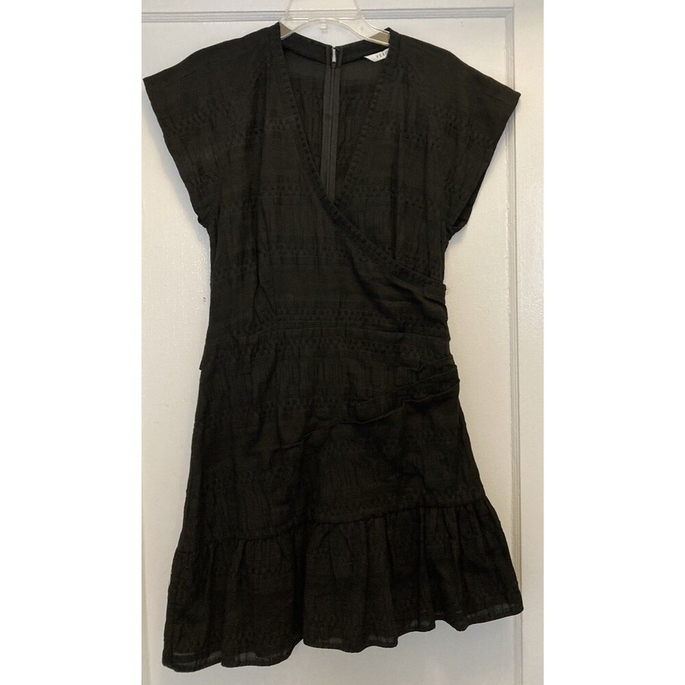 Veronica Beard Wrap Dress Shadow Shirred Size 10 Black Cotton Cap Sleeve Short